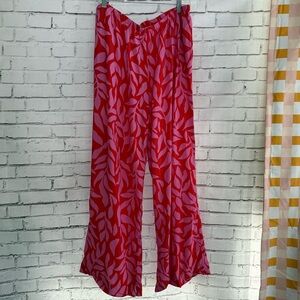 a new day Red and Pink Leaf Print Pants